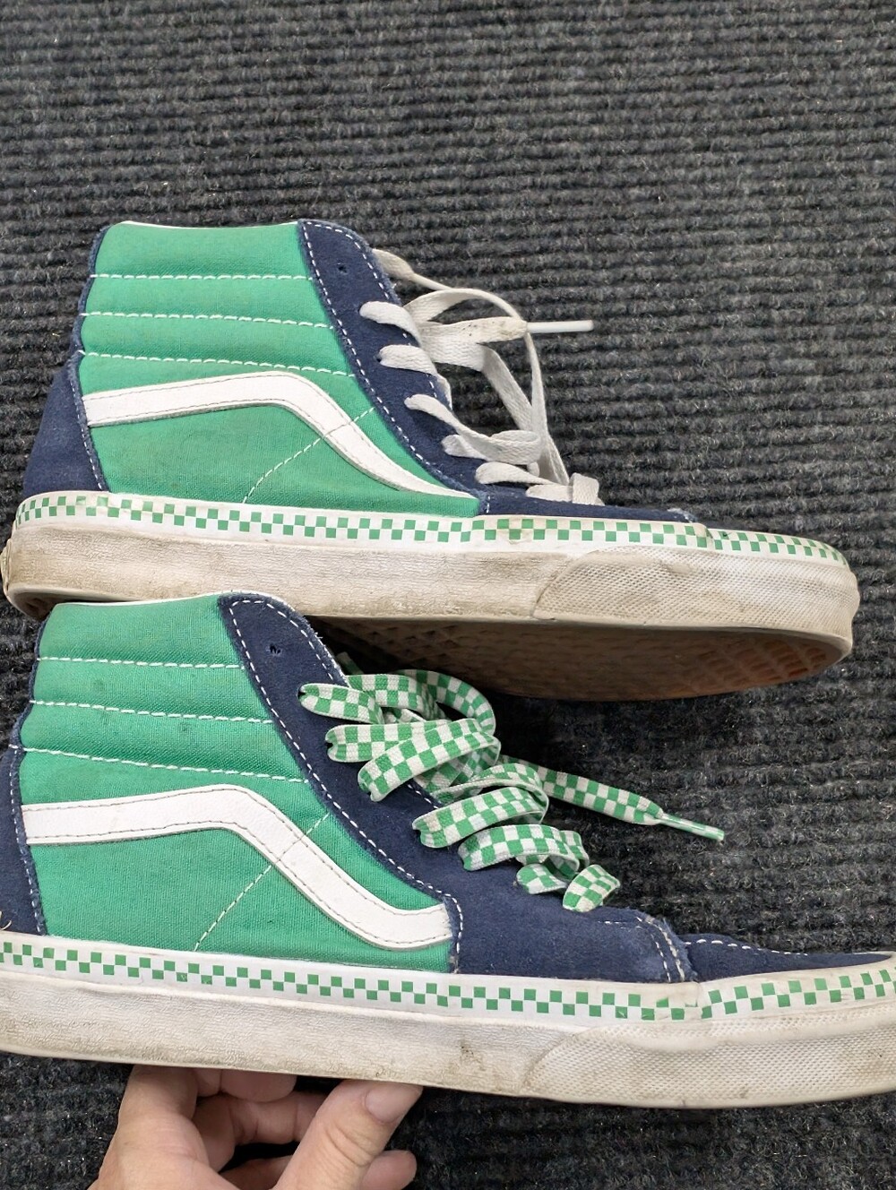 Vans Sk8-Hi High Top Sneakers Navy Green Checkerboard Foxing Women 8 / Men 6.5